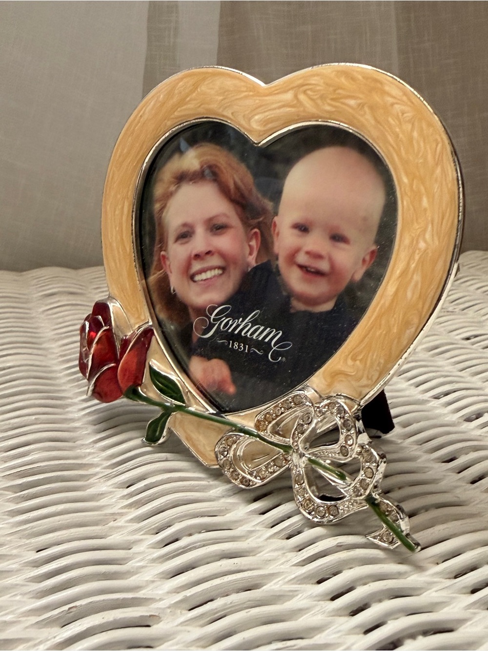 Gorham Gold-Tone Heart Frame with Red Enamel Rose